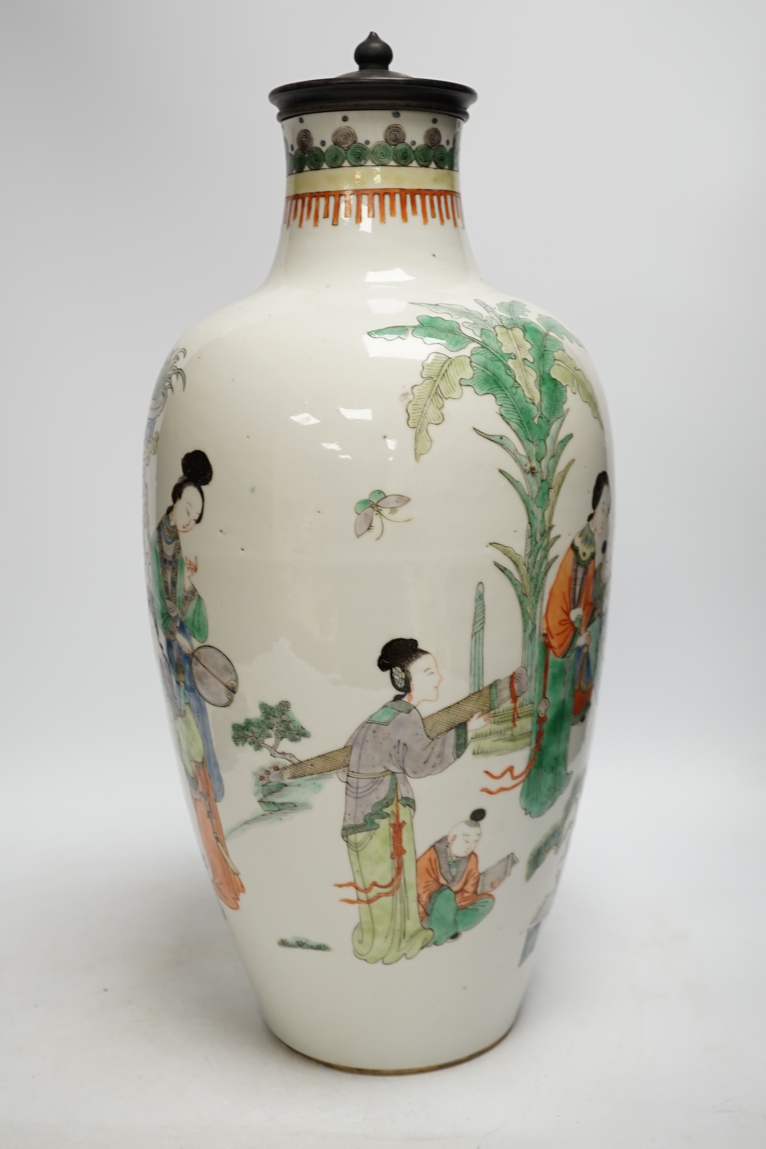 A large Chinese famille verte vase, late 19th century, neck reduced, 45cm